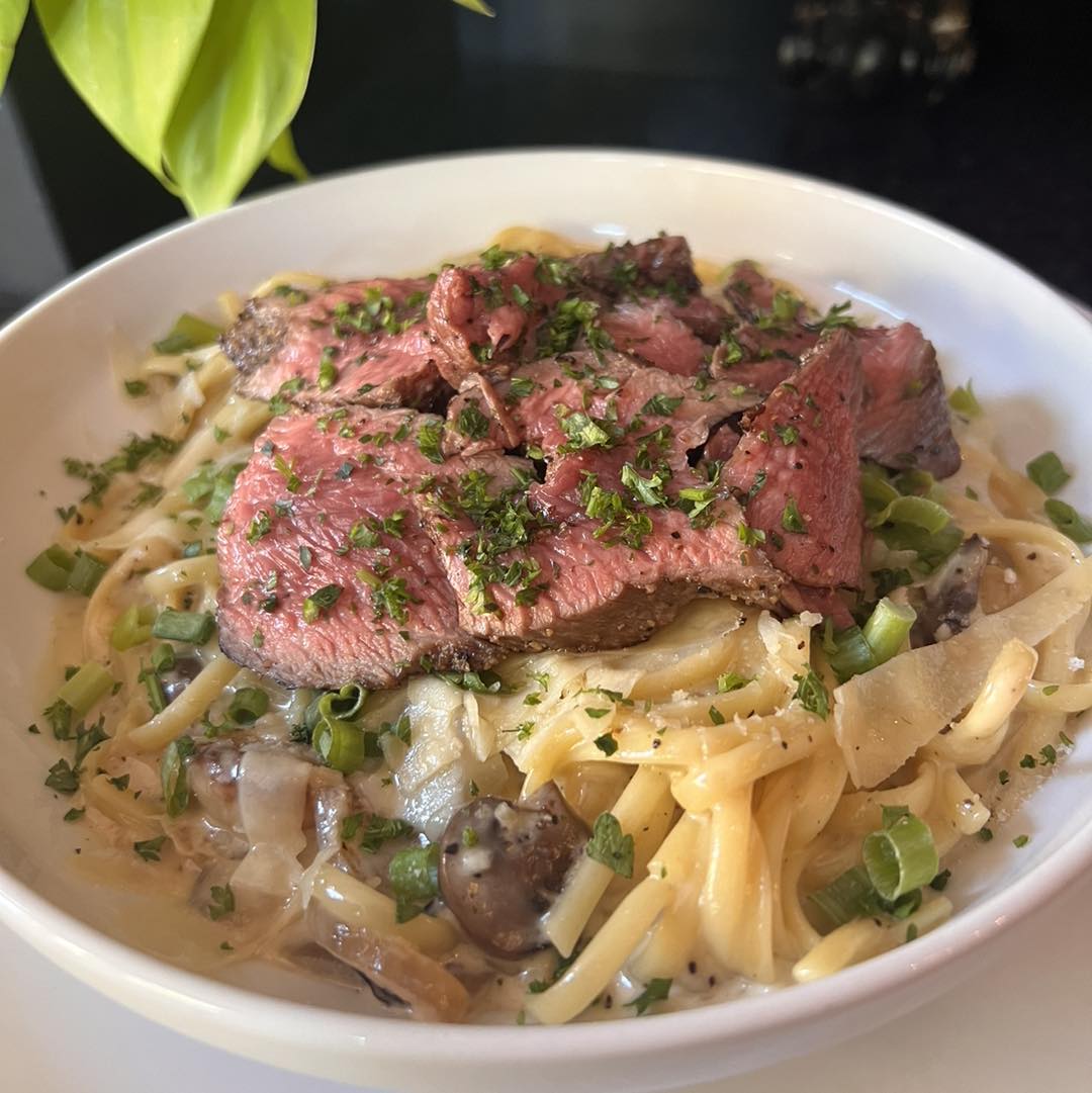 Roasted Garlic and Mushroom Linguine with a Marsala Cream Sauce with Beef Tips!