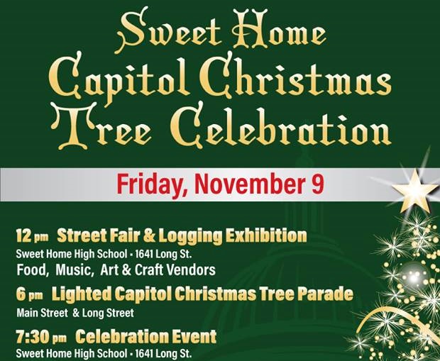 Event information with decorated Christmas tree.