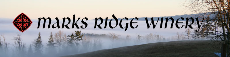 Photo of fog over pond with Marks Ridge Winery overlay.