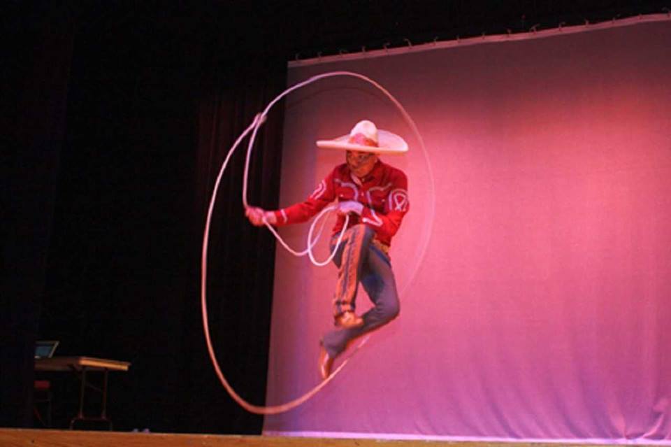 Cowboy demonstrating charreada (roping).
