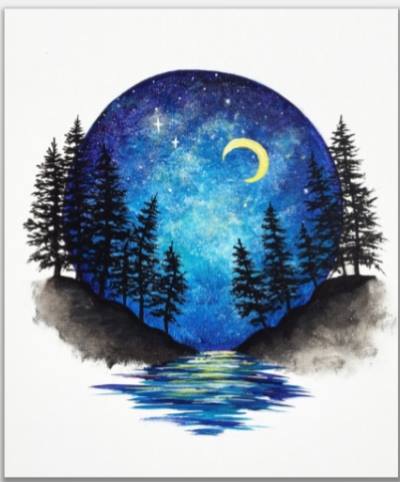 Photo of artwork with moonlight scene of trees and water.