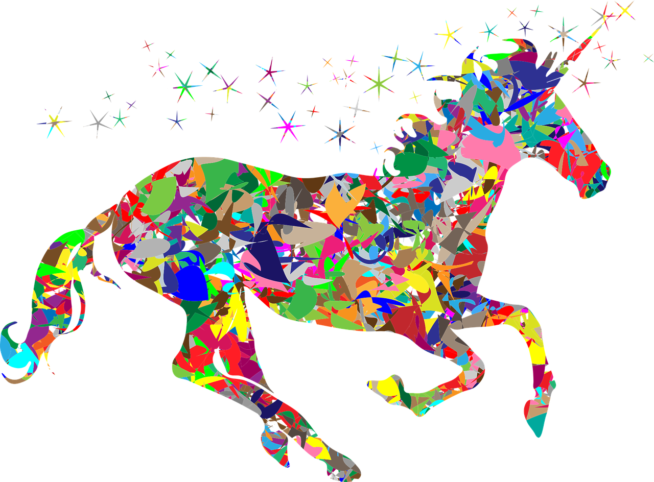 Graphic of colorful unicorn.
