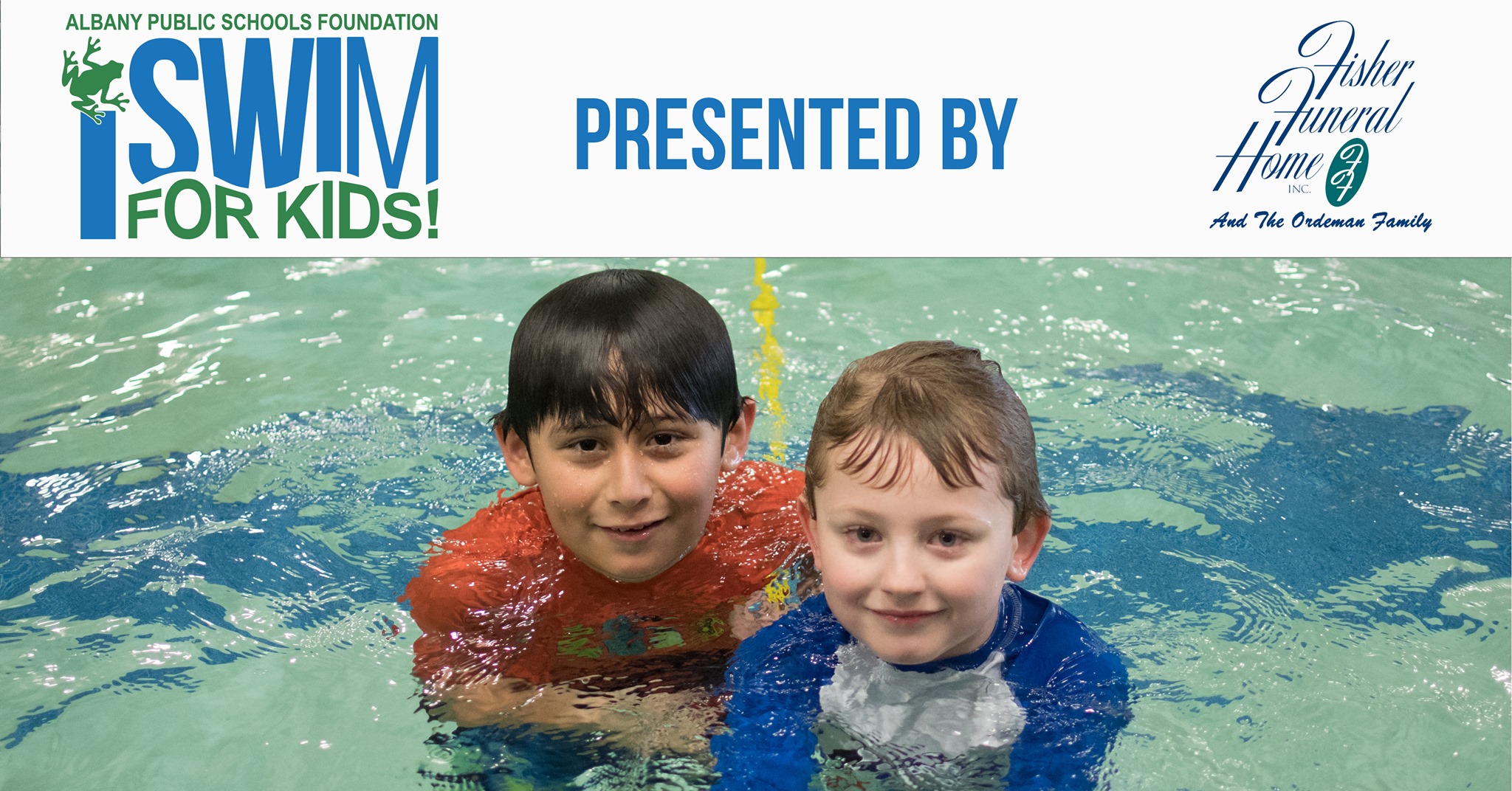 photo of two kids in swimming pool with event logo