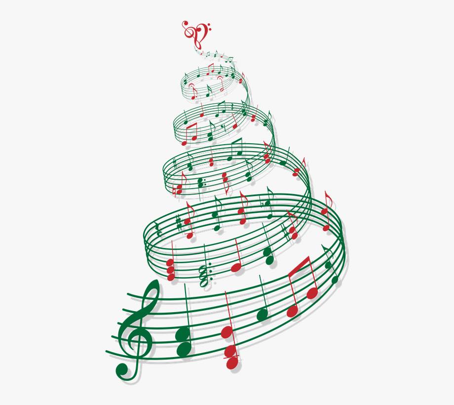 Graphic of Christmas tree with music notes.