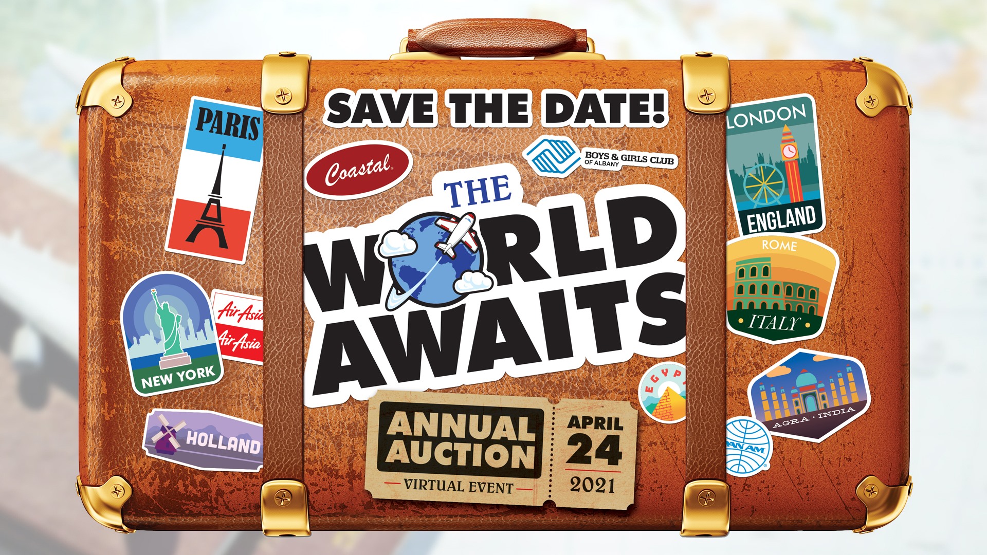 photo of suitcase with travel stickers and event title