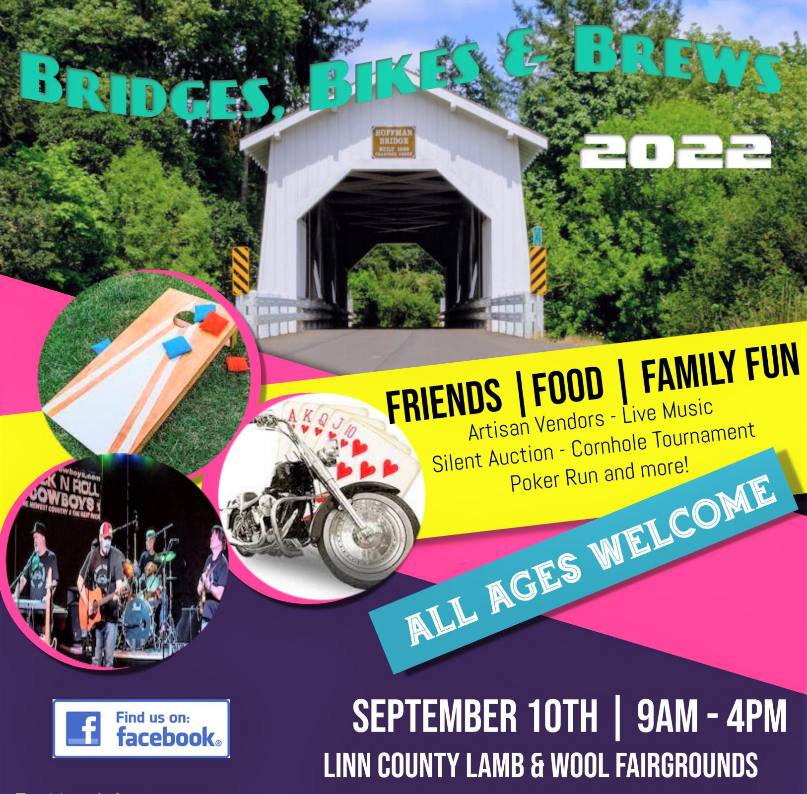 photo of covered bridge with event information