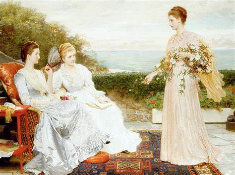 photo of illustration of three women in garden