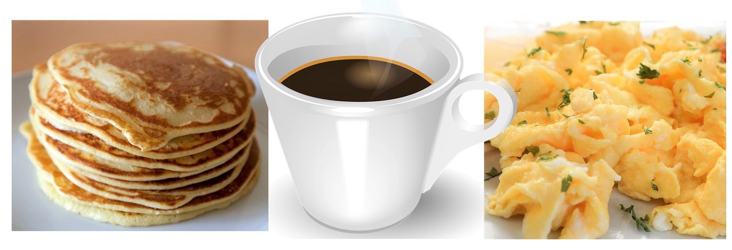 image of eggs, pancakes and coffee