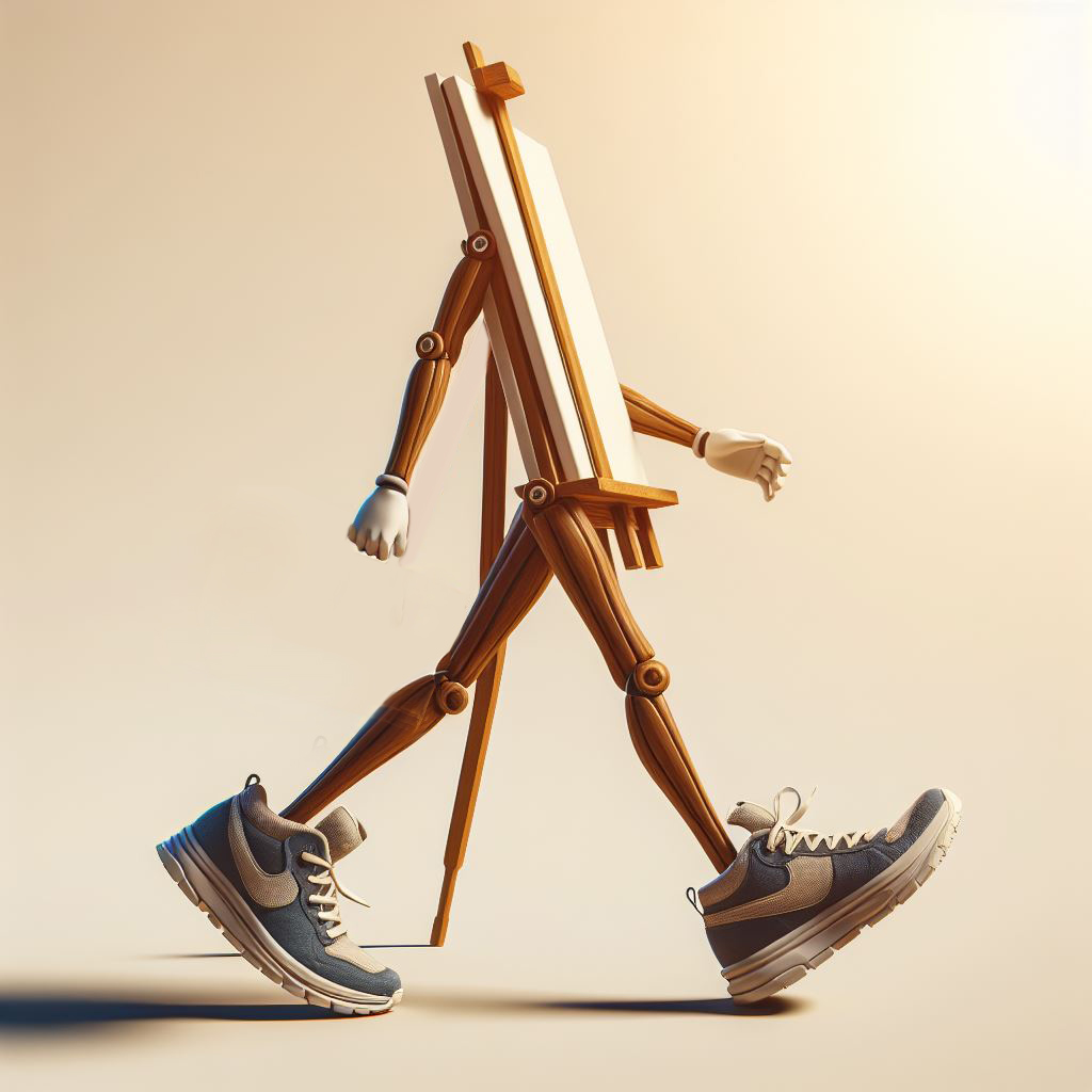 a canvas on an easel with arms and legs walking