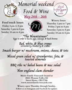 Memorial Weekend Food & Wine May 24 - 26 at Moore Family Vineyards @ Moore Family Vineyards | Sweet Home | Oregon | United States